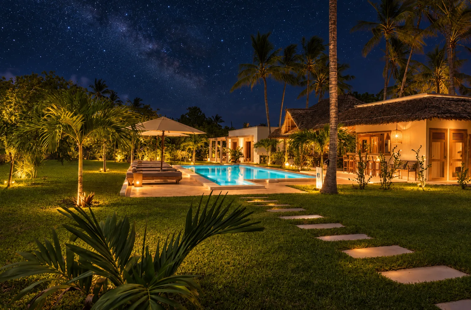 The pool and garden at Watamu Dunes at night, under the stars